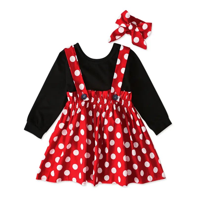 T-shirt à volants noir pour enfants filles, ensemble vêtements Tutu, avec nœud, motifs à pois rouges, robe à bretelles, 2 ou 3 pièces