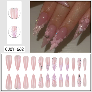 <span class=keywords><strong>Faux</strong></span> ongles longs à presser style stiletto, rose nude, avec nœud 3D, motif floral et strass, mignons, réutilisables, vente en gros, personnalisables - Product Image 4