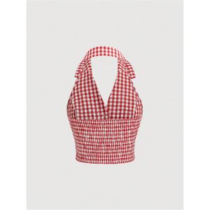 Haut court à carreaux pour femme, dos nu, boutonné devant, tenue décontractée - Product Image 3
