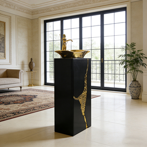 Lavabo su Colonna Artistico di Alta Gamma con Motivo Leopardato Dorato in Fibra di Vetro per Bagni di Lusso - Product Image 6