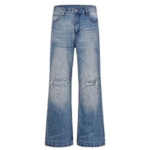 <strong>Men</strong> Washed Blue Slight Bootcut <strong>Jeans</strong> Plaid Patch Rivet Ripped Destroyed <strong>Red</strong> Stitch Streetwear Denim Trousers - Product Image 5