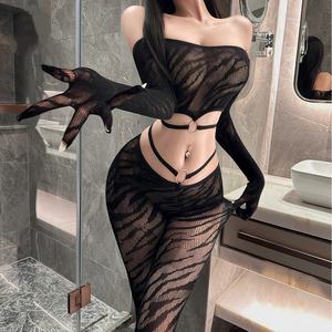 Viviblook Z304ST02 Ensemble de lingerie sexy noir transparent à motif tigre avec chaussettes en résille fendues pour femme - Product Image 1