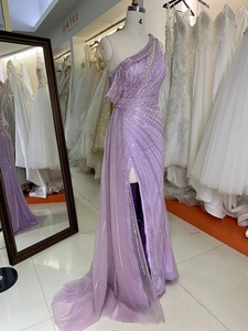 Robe de soirée musulmane de couleur mauve, élégante, entièrement ornée de perles, <span class=keywords><strong>jupe</strong></span> en tulle, longueur au sol, sans manches, avec paillettes - Product Image 3