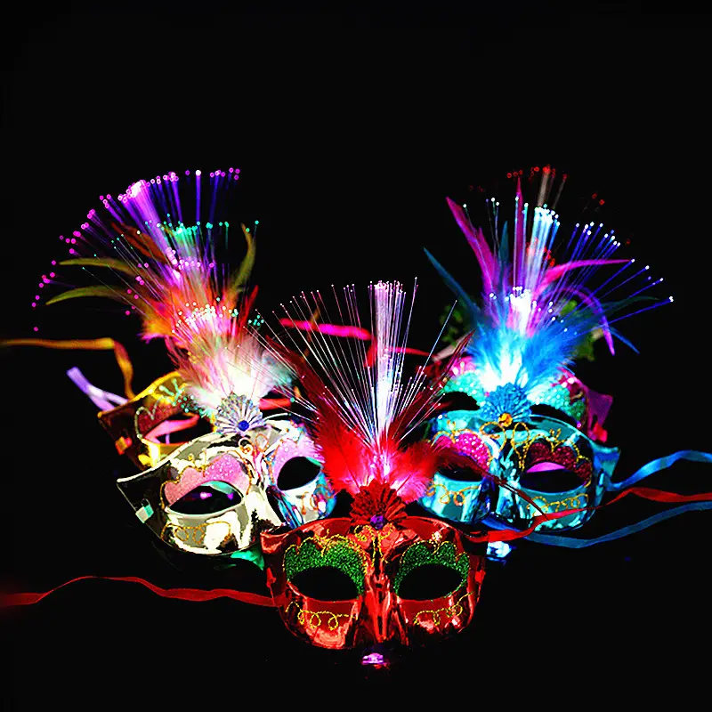 Halloween party hot sale glow fiber Optic LED multicoloured feather mask children toy wholesale