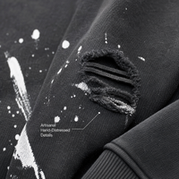 Ensemble de survêtement RAMAX 450GSM épais déchiré effet vieilli, sweat à capuche délavé à l'acide et pantalon de survêtement ample, style streetwear Y2K pour homme, personnalisable en gros