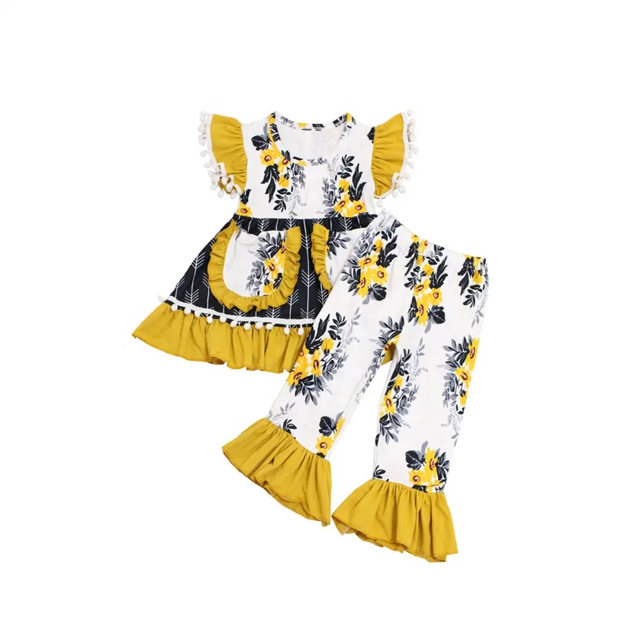 Fashion Baby Girl Flower Prints Outfit Summer Kids Clothing Set Factory Wholesale Toddler Girls Children Clothes