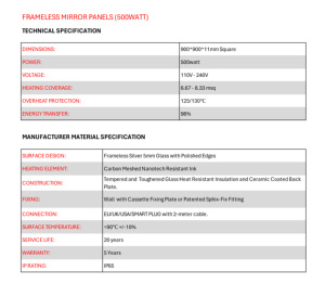 Calentador de espejo infrarrojo cuadrado sin marco de alta eficiencia de 500W, calentamiento rápido, protección silenciosa contra sobrecalentamiento, ahorro de energía para Baño - Product Image 5
