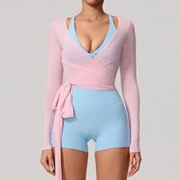 Cárdigan de Yoga con Logotipo Personalizado para Mujer, Cuello en V, Lazo en la Espalda, Manga Larga, Secado Rápido, Suave, de Rayón, para Entrenamiento Deportivo