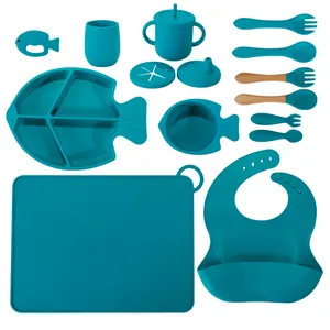 Conjunto de talheres de silicone para bebês, conjunto de suporte de jantar, caneca de palha para peixes, tigela de sucção de animais oceânicos