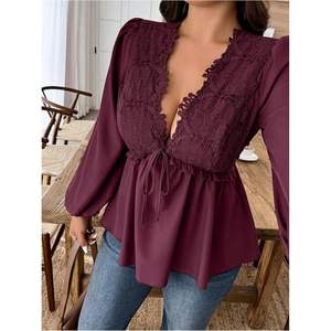 Blusa Personalizada para Mujer Talla Grande, Cuello en V Profundo, Manga Farol, Peplum con Volantes, Blusa Fluida de Chifón - Product Image 3