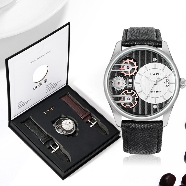 TOMI T106 Luxury Men's Quartz Watch Creative Gear Design Date Display Leather Strap Gift Set Watch