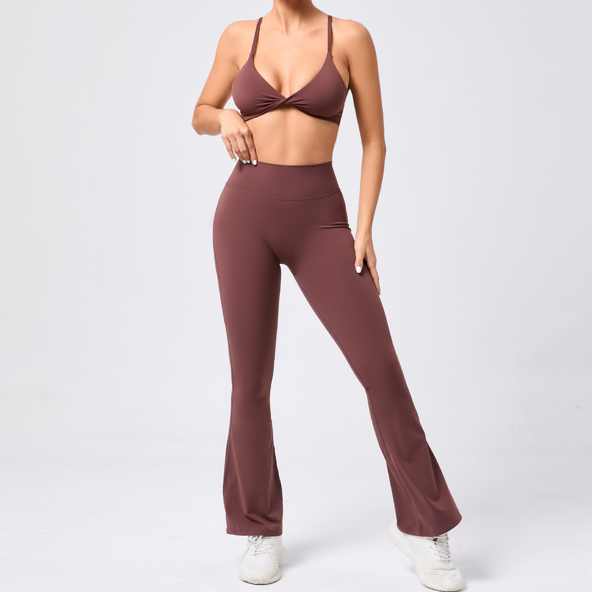 Yoga Set with Twist Knot Adjustable Bra Flared Leggings Slim Fit Back Enhancing Quick Dry Sportswear for Women to Running