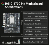 Nouvelle carte mère d'ordinateur de bureau H610M-4D4 avec socket LGA1700, mémoire DDR4, 2 écrans synchronisés, prise en charge H610, processeur de 12e/13e génération