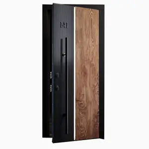 Perumahan Modern pintu kayu aluminium hitam lapis baja depan pintu keamanan baja logam untuk rumah