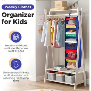 Non-Woven 6-Tier Hanging Closet Organizer with Iron Frame Weekly Clothing Storage with Side Pockets Kids Foldable Closet Shelves - Product Image 3