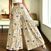 Nouveau pantalon large taille haute pour femme, coupe ample, design amincissant, motif floral, pantalon long décontracté.