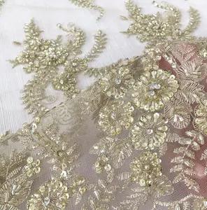 best selling heavy gold beaded embroidery bridal laces fabrics hand embroidery designs fashion dress fabric