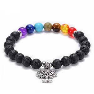 Bracelet en pierres de lave naturelles, perles de prière et de guérison, diffuseur d'huile essentielle et collier, 7 chakras, cristaux, Yoga, méditation