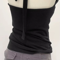 Débardeur Camisole Noir d'Été à Col Halter et Lacets pour Femme, 92% Coton/8% Spandex, Tissu en Fil Peigné, Sexy, pour Club, Couche de Base