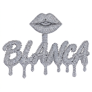 14K White Gold Blanca Drip Letter Iced Out Pendant With Lips Charm Hip Hop Style Round Brilliant Cut <b>Diamond</b> <b>Jewelry</b> - Product Image 1