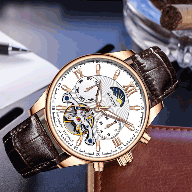 Classical Men's Automatic Mechanical Wrist Watch with Genuine Leather Strap Durable Alloy Analog Tourbillon SHANGHAI Watch Charm