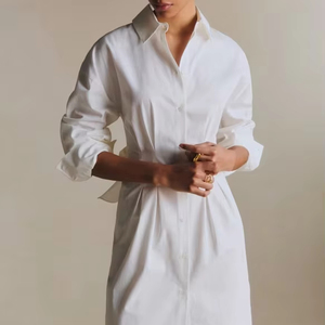 Women's Elegant White Cotton Blend Structured Waist Tie Detail Long Sleeve Button-Down Shirt Dress Midi O - Product Image 3
