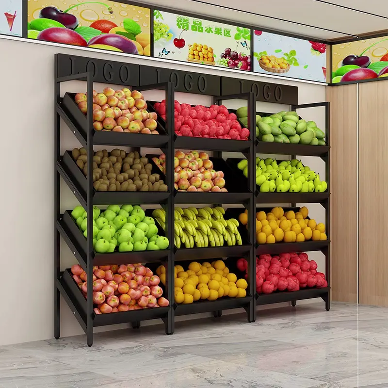 Meicheng bán buôn siêu thị trái cây và rau hiển thị đứng Rack với giỏ Bộ