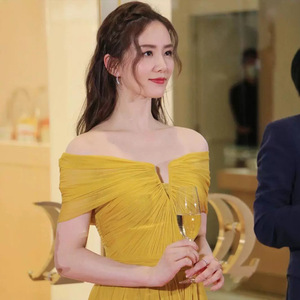Yellow Off The Shoulder Evening Gown Empire Waist Long Dress For Banquet And Party - Product Image 4