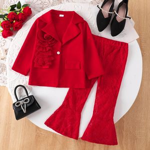 Set di Abbigliamento per Ragazze Autunno 2026: <span class=keywords><strong>Blazer</strong></span> Rosso + Pantaloni a Zampa in Pizzo, Completo a Maniche Lunghe 2 Pezzi <span class=keywords><strong>Bianco</strong></span> e Rosso - Product Image 1