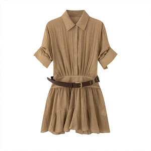 Natural Woven Linen Cotton <b>Shirt</b> <b>Dress</b> With Belt Flared Hem <b>Short</b> <b>Sleeve</b> Turn-down Collar Casual Mini <b>Dress</b> Summer Loose Fit - Product Image 1