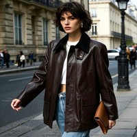Veste en cuir décontractée pour femme, coupe ample, imperméable, avec col en laine, doublure à carreaux, style chemise, pour le quotidien – Collection Factory Outlet