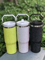Gobelet isotherme de bureau en acier inoxydable de 30 oz, anti-fuite, orné de strass, inspiré du baseball, avec paille, grande capacité, réutilisable