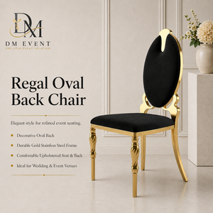 DM EVENT Custom Gold Stainless Steel Oval Back Wedding Banquet <b>Chair</b> with <b>Black</b> Upholstery for Hotel Events - Product Image 1