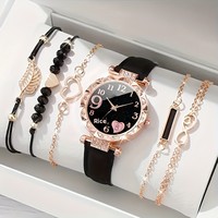 Set Jam Tangan Wanita Mewah Berlapis Berlian dengan Aloi Kuarsa, Bergaya Serbaguna 6-Piece, Gaya Pelajar, Akrilik, Multi Zona Waktu