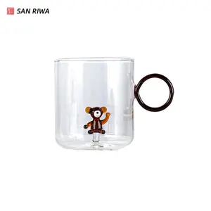 Copo de desenho de animal 3d transparente, com alça, resistente ao calor, criativo, alto borosilicate