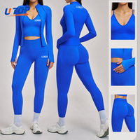 Ensemble 3 pièces de sport sans couture à dos croisé avec logo personnalisé, effet fessier galbé, comprenant veste, débardeur et leggings extensibles