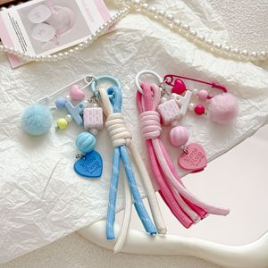 Porte-clés perlé esthétique Y2K, breloque de sac en corde tressée colorée avec pompon et perles acryliques, accessoire décoratif mignon - Product Image 1
