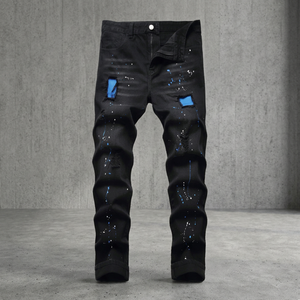 Jeans de Mezclilla Negros para Hombre, Corte Recto, Ajustados, con Detalles Desgastados y Salpicaduras de Pintura Azul, Estilo Urbano - Product Image 3