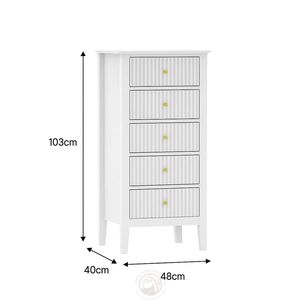 Mesita <span class=keywords><strong>de</strong></span> <span class=keywords><strong>Noche</strong></span> Alta con 5 Cajones, Mesita <span class=keywords><strong>de</strong></span> <span class=keywords><strong>Noche</strong></span> Blanca con Almacenamiento para Dormitorio <span class=keywords><strong>y</strong></span> Sala <span class=keywords><strong>de</strong></span> Estar, Gabinete Moderno <span class=keywords><strong>de</strong></span> MDF Acanalado, Ecológico - Product Image 5