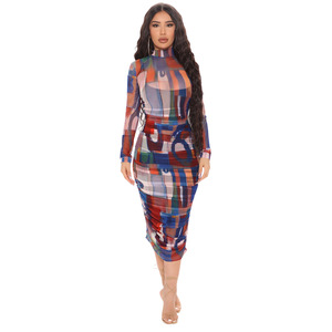 Conjunto de <span class=keywords><strong>dos</strong></span> <span class=keywords><strong>piezas</strong></span> de malla Sexy vestidos de <span class=keywords><strong>fiesta</strong></span> mujer señora elegante manga larga ceñido al cuerpo Casual vestidos de mujer traje - Product Image 6