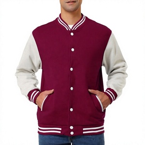 เสื้อแจ็คเก็ตวาร์ซิตี้สีแดงเลือดหมูสำหรับผู้ชาย แขนสีขาว พิมพ์โลโก้ด้านหน้า ปิดด้วยซิป ทรงปกติ สไตล์ลำลอง - Product Image 1