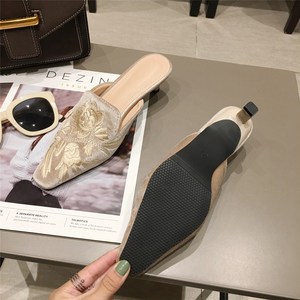 Green Velvet High Heels <b>Slippers</b> Women Floral Embroidery <b>Mules</b> Shallow Pointed Toe Heeled Fashion Loafers Outsides Woman Slides - Product Image 4