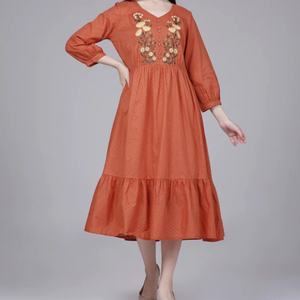 ชุดเดรสผ้าฝ้ายลินินทรงเอ สไตล์ลำลอง คอวี แขนยาวระบาย แต่งระบาย  ความยาวปานกลาง สำหรับผู้หญิง  ปรับแต่งได้ตามต้องการ - Product Image 2