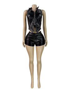 Abbigliamento Estivo da Donna, <span class=keywords><strong>Sexy</strong></span> Top Corto Senza Maniche con Design in PU e Pantaloncini <span class=keywords><strong>Mini</strong></span>, Set Casual Due Pezzi - Product Image 6