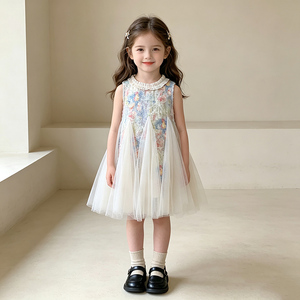 Vestito Estivo da Festa di Compleanno per Bambine 2-8 Anni, Senza Maniche con Inserti in Rete, Abito da Principessa per Bambini - Product Image 1