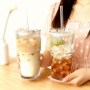Gobelets en verre côtelé de 20 oz avec couvercles et pailles, verres vintage épais, idéaux pour le café glacé - Product Image 1