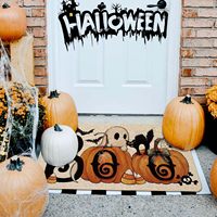 Halloween-Kürbis-Willkommens-Fußmatte, Boo-Geist, schwarze Katze, dekorative Fußmatte für die Haustür, Polyester, rutschfeste Fußmatte für den Eingangsbereich, Bodendekoration
