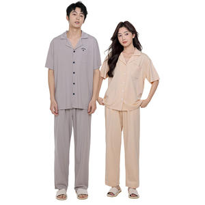 Pyjama en coton modal Lenzing pour couple, pantalon à manches courtes à col brodé pour un homme et une femme, collection printemps/été - Product Image 6