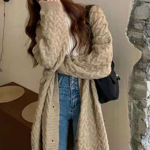 6409 # Retro Twist cuello pico suéter cárdigan mujer otoño e invierno nuevo suelto todo-fósforo abrigo de punto de longitud media para mujer - Product Image 1