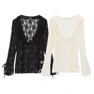 Abbigliamento donna estivo ZATRHMBM 2025 nuova moda decorazione <span class=keywords><strong>pizzo</strong></span> Top retrò classica camicia da donna Casual <span class=keywords><strong>nera</strong></span> - Product Image 1